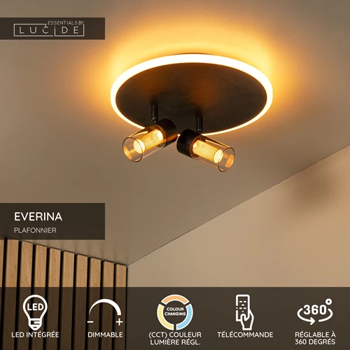 Lucide EVERINA - Plafonnier - Ø 30 cm - LED Dim. - CCT - 2200K/6500K - Noir | Essential - USP